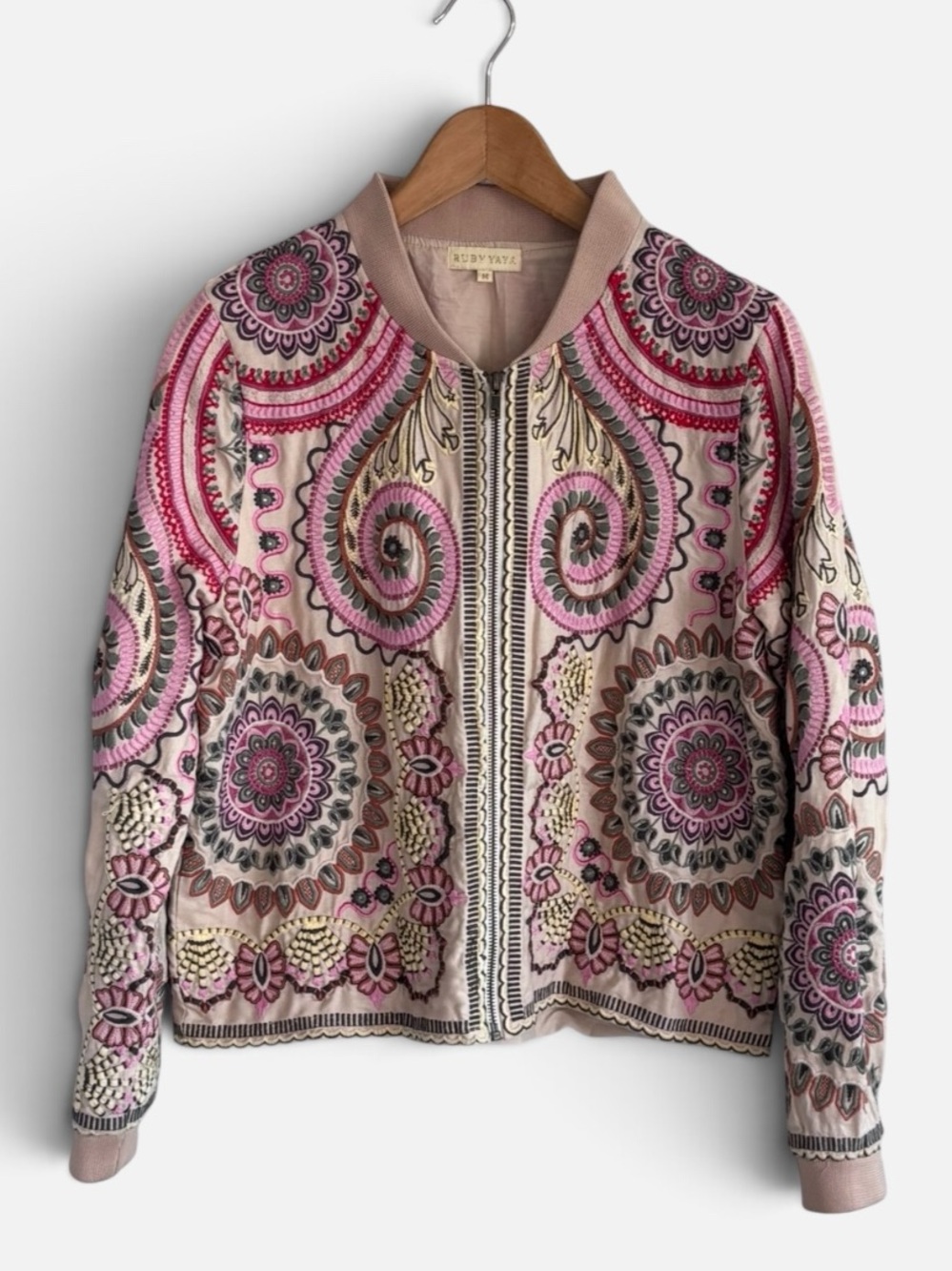 Ruby Yaya Paisley Utah Multi Pink Embroidered Full Zip Lined Bomber Jacket M